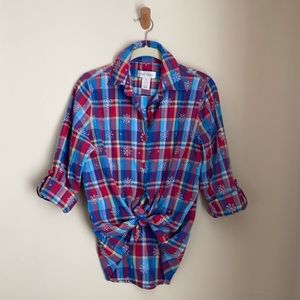 Vintage 90s Button Down Eyelet Plaid Long Sleeve Top with Button Tabs, Small